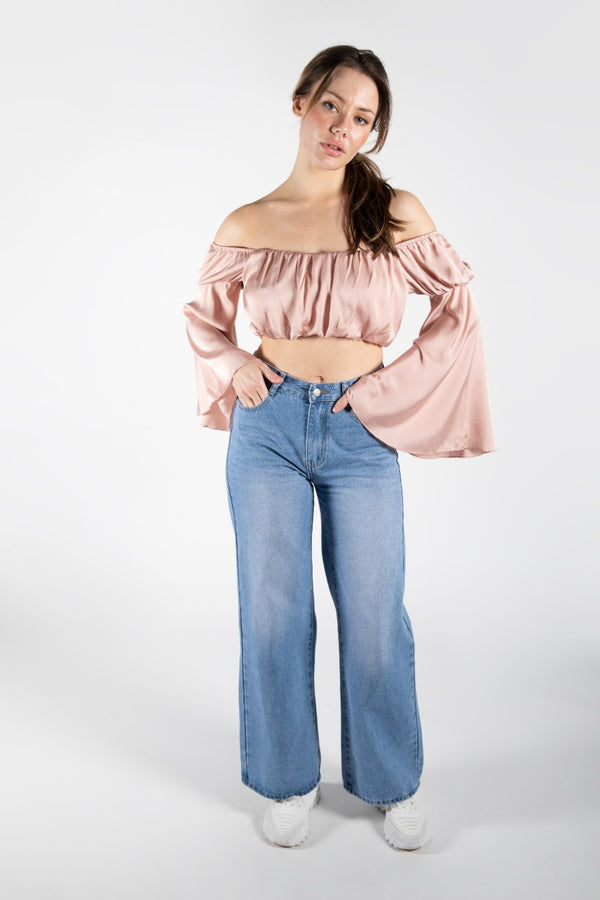 Pink Off The Shoulder Flared Sleeve Bardot Top
