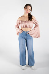 Pink Off The Shoulder Flared Sleeve Bardot Top