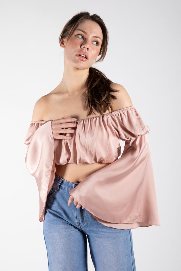 Pink Off The Shoulder Flared Sleeve Bardot Top