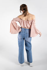 Pink Off The Shoulder Flared Sleeve Bardot Top