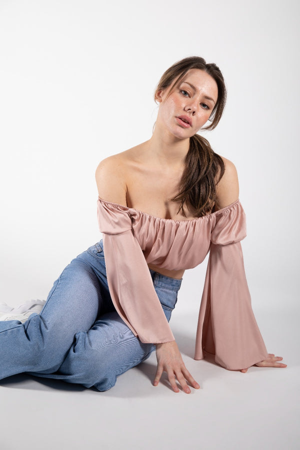 Pink Off The Shoulder Flared Sleeve Bardot Top