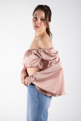 Pink Off The Shoulder Flared Sleeve Bardot Top
