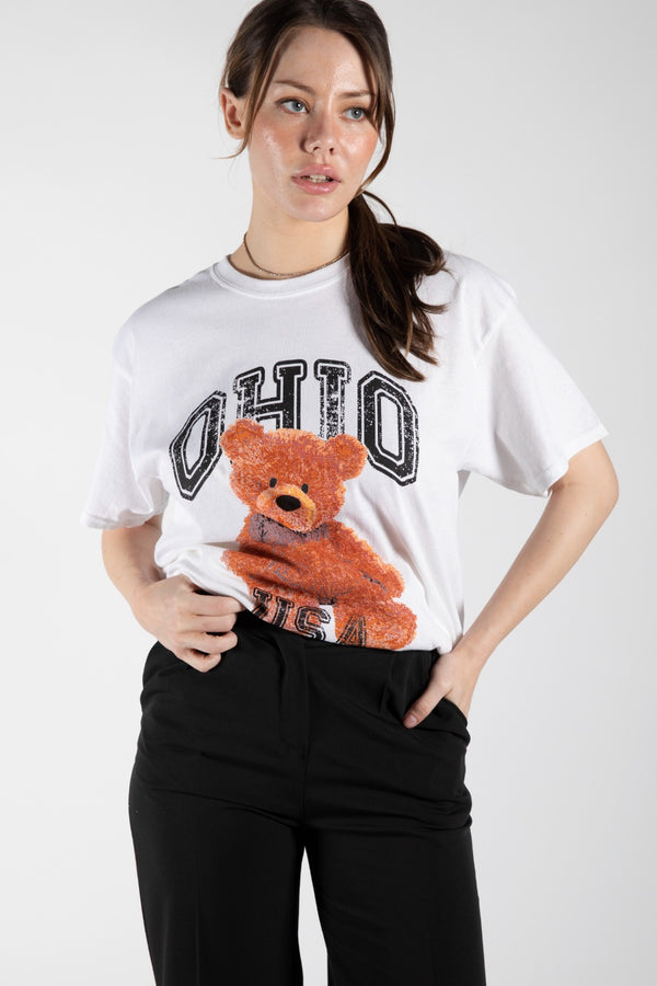 White Ohio Teddy Graphic Printed Oversized T-Shirt