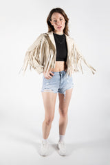 Beige Faux Leather Fringe Cropped Jacket