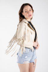 Beige Faux Leather Fringe Cropped Jacket