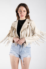 Beige Faux Leather Fringe Cropped Jacket