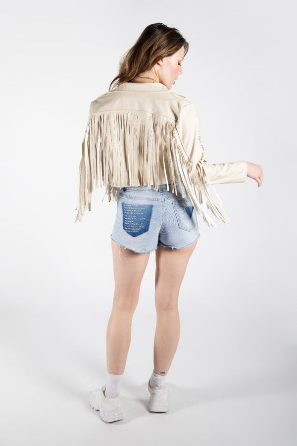Beige Faux Leather Fringe Cropped Jacket