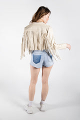 Beige Faux Leather Fringe Cropped Jacket