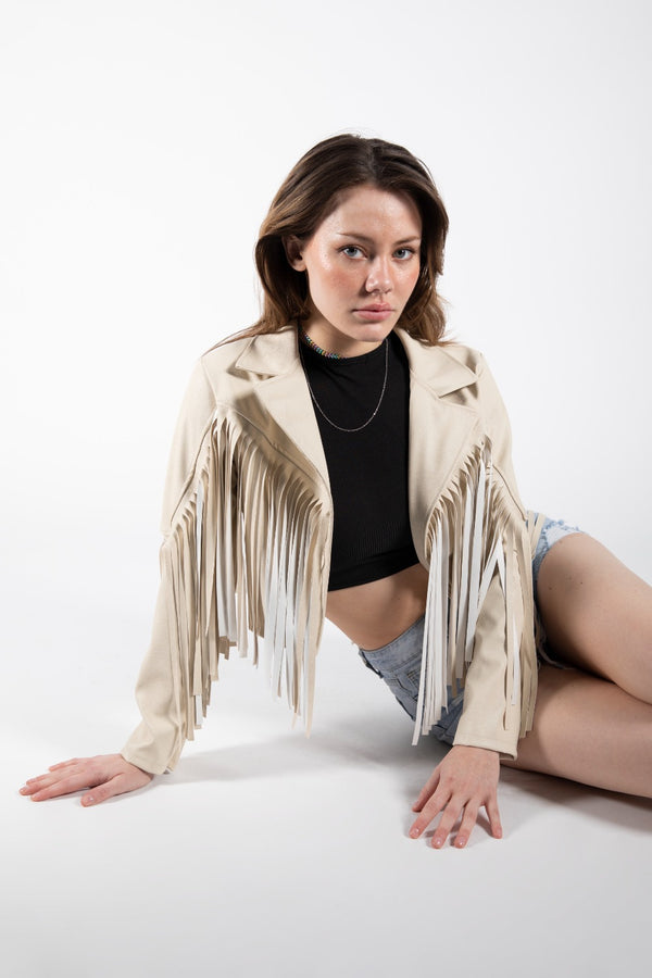 Beige Faux Leather Fringe Cropped Jacket