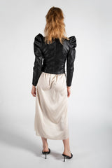 Black Puff Sleeve Zip Faux Leather Jacket 