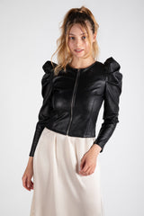 Black Puff Sleeve Zip Faux Leather Jacket 