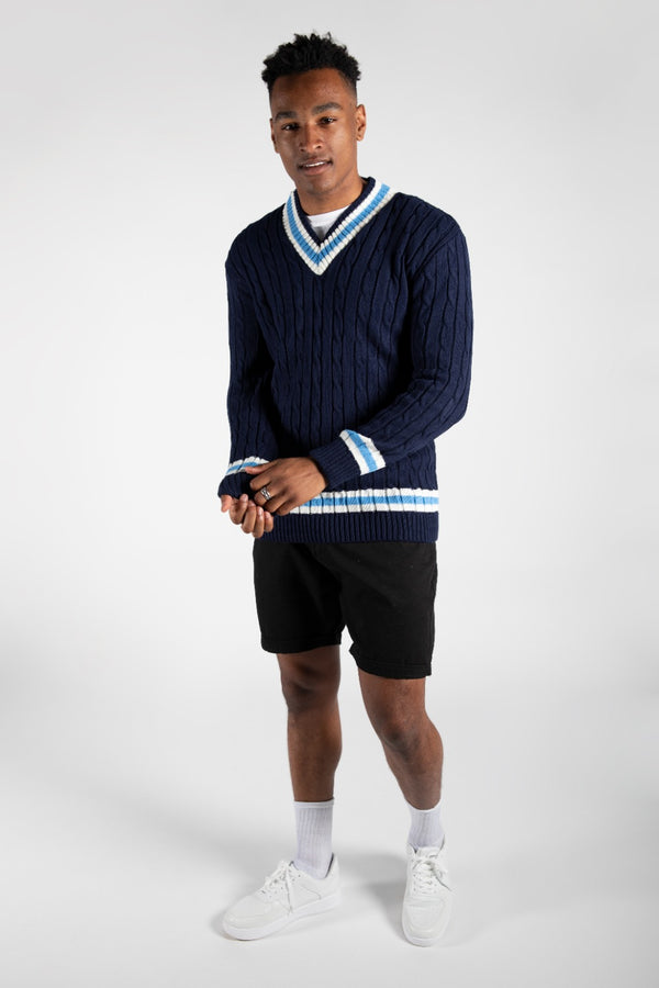 Mens Navy Cable Knitted V Neck Long Sleeve Cricket Jumper