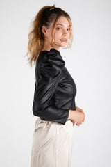 Black Puff Sleeve Zip Faux Leather Jacket 