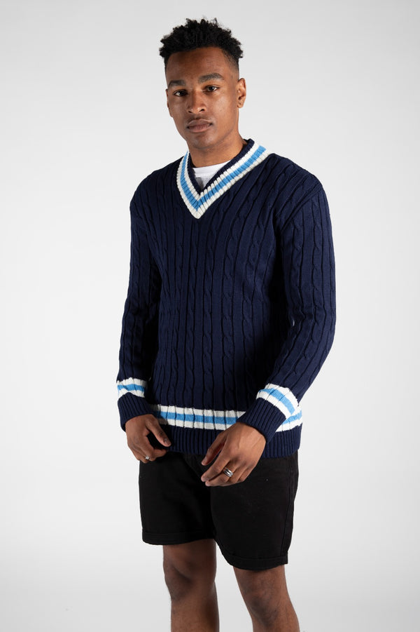 Mens Navy Cable Knitted V Neck Long Sleeve Cricket Jumper