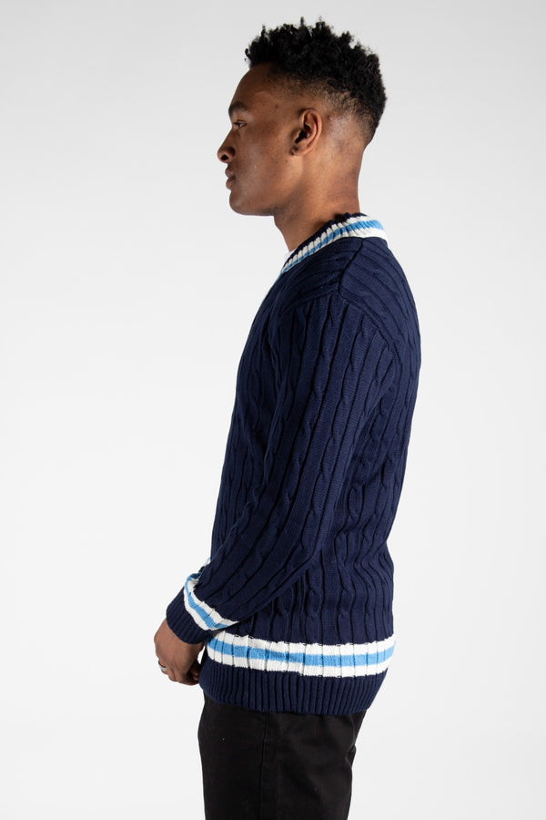 Mens Navy Cable Knitted V Neck Long Sleeve Cricket Jumper
