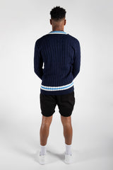 Mens Navy Cable Knitted V Neck Long Sleeve Cricket Jumper