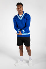 Mens Royal Blue Cable Knitted V Neck Long Sleeve Cricket Jumper