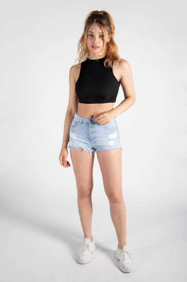 Light Denim Button Up Printed Back Shorts