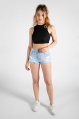 Light Denim Button Up Printed Back Shorts