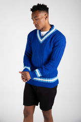 Mens Royal Blue Cable Knitted V Neck Long Sleeve Cricket Jumper