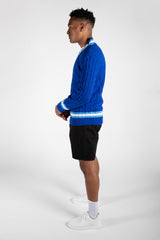 Mens Royal Blue Cable Knitted V Neck Long Sleeve Cricket Jumper