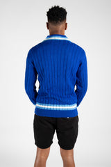 Mens Royal Blue Cable Knitted V Neck Long Sleeve Cricket Jumper