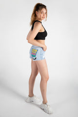 Light Denim Button Up Printed Back Shorts