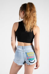 Light Denim Button Up Printed Back Shorts