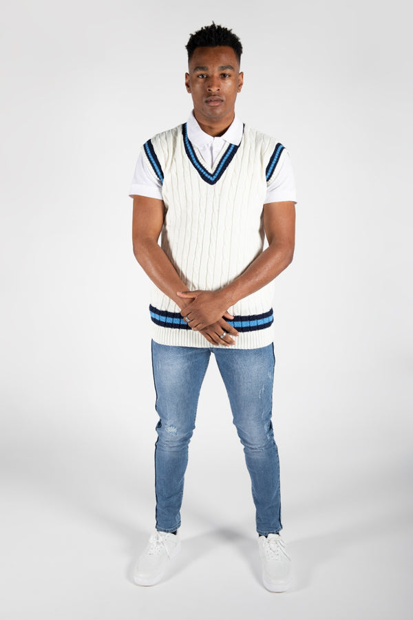Mens Cream Sleeveless Cable Knitted V Neck Cricket Jumper