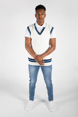 Mens Cream Sleeveless Cable Knitted V Neck Cricket Jumper