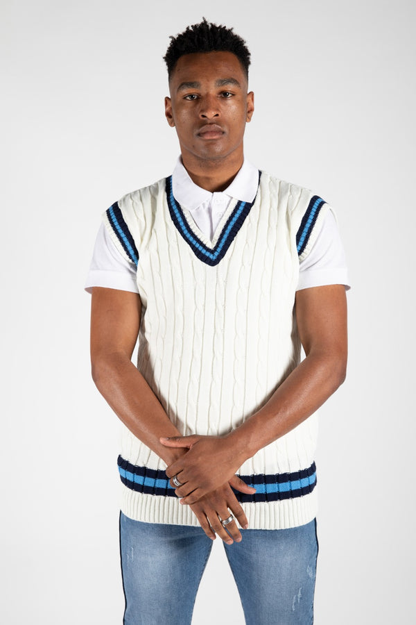 Mens Cream Sleeveless Cable Knitted V Neck Cricket Jumper