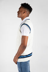 Mens Cream Sleeveless Cable Knitted V Neck Cricket Jumper