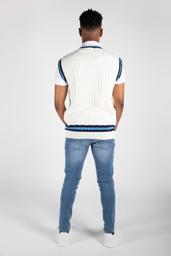 Mens Cream Sleeveless Cable Knitted V Neck Cricket Jumper