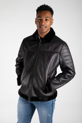 Mens Black Faux Leather Aviator Jacket