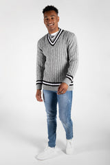 Mens Grey Cable Knitted V Neck Long Sleeve Cricket Jumper