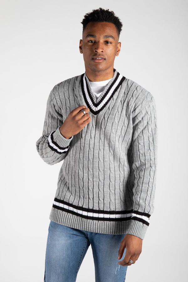 Mens Grey Cable Knitted V Neck Long Sleeve Cricket Jumper