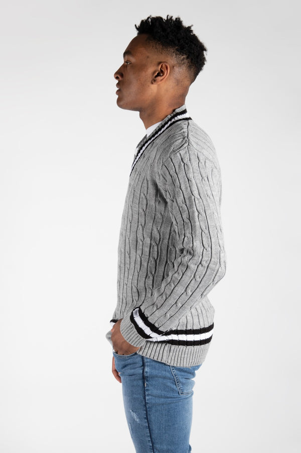 Mens Grey Cable Knitted V Neck Long Sleeve Cricket Jumper