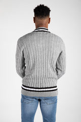 Mens Grey Cable Knitted V Neck Long Sleeve Cricket Jumper
