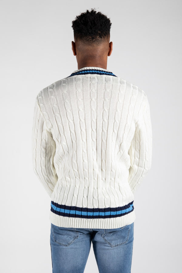 Mens Cream Cable Knitted V Neck Long Sleeve Cricket Jumper