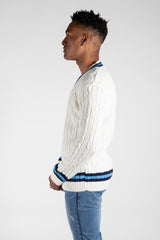 Mens Cream Cable Knitted V Neck Long Sleeve Cricket Jumper