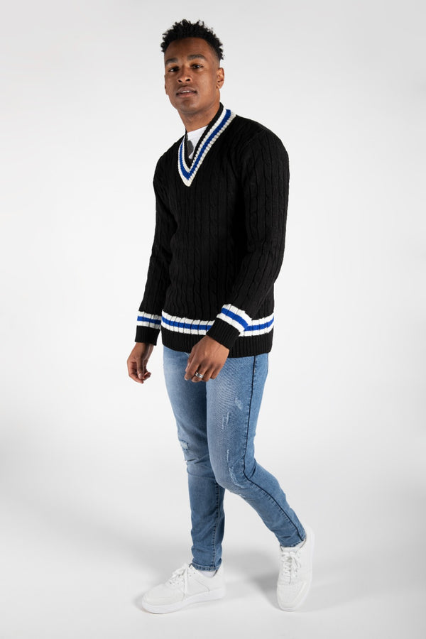 Mens Black Cable Knitted V Neck Long Sleeve Cricket Jumper