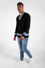 Mens Black Cable Knitted V Neck Long Sleeve Cricket Jumper