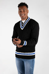 Mens Black Cable Knitted V Neck Long Sleeve Cricket Jumper
