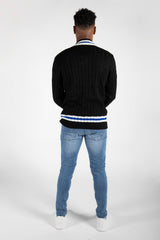 Mens Black Cable Knitted V Neck Long Sleeve Cricket Jumper