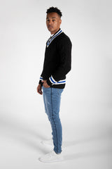 Mens Black Cable Knitted V Neck Long Sleeve Cricket Jumper