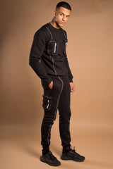Mens Black Reflective Piping Cargo Pocket Tracksuit