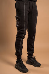 Mens Black Reflective Piping Cargo Pocket Tracksuit