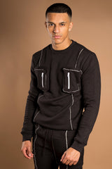 Mens Black Reflective Piping Cargo Pocket Tracksuit