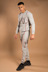 Mens Grey Contrast Piping Cargo Pocket Tracksuit