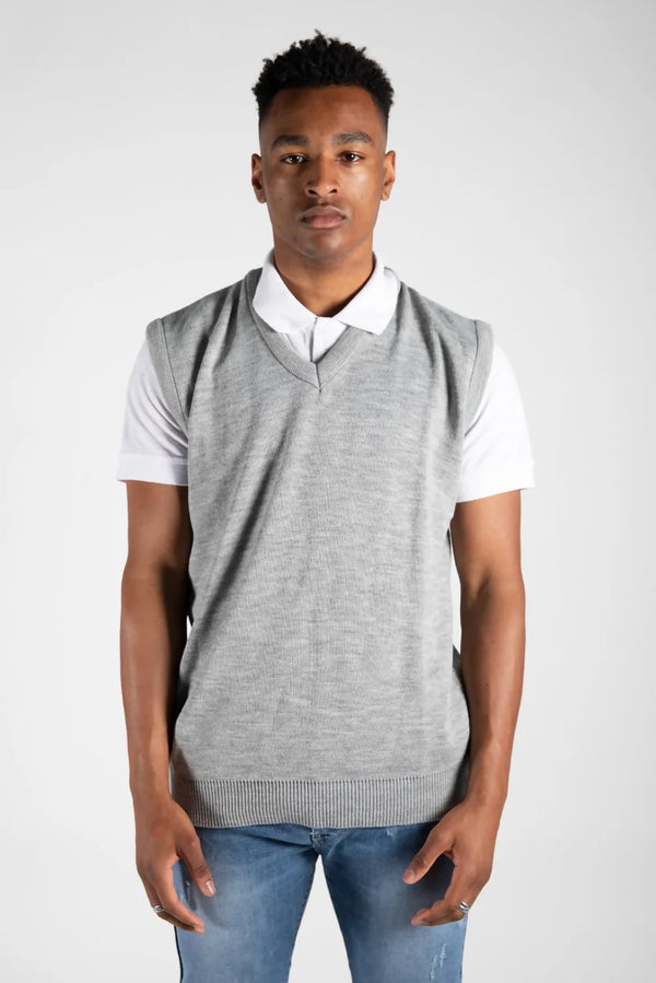 Mens Grey V-Neck Sleeveless Knitted Jumper